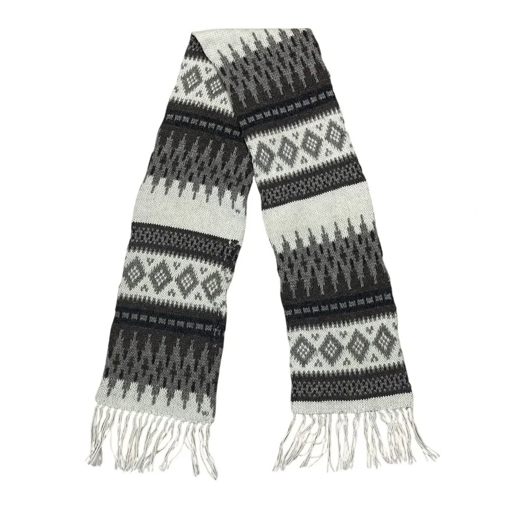 Broner Wool Blend Double Knit Scarf 58x8 Fair Isle Fringe Cozy USA Made